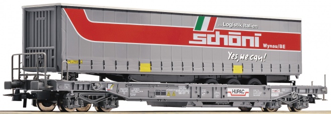Flat car HUPAC loaded with trailer Schoni<br /><a href='images/pictures/Roco/224738.jpg' target='_blank'>Full size image</a>
